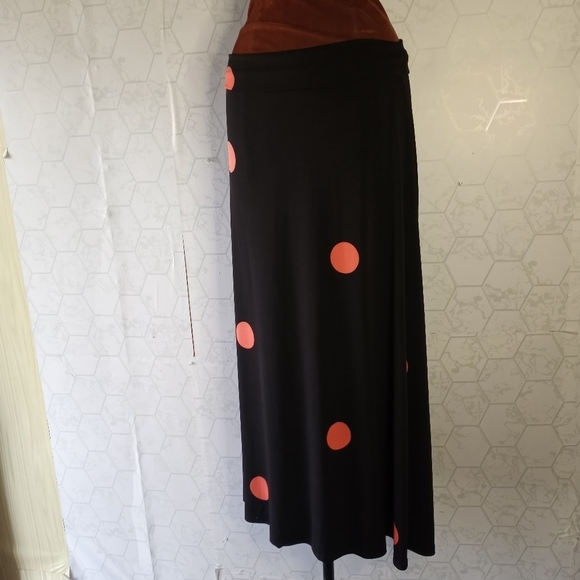 Lularoe long black skirt with orange polkadot pattern - Picture 3 of 13